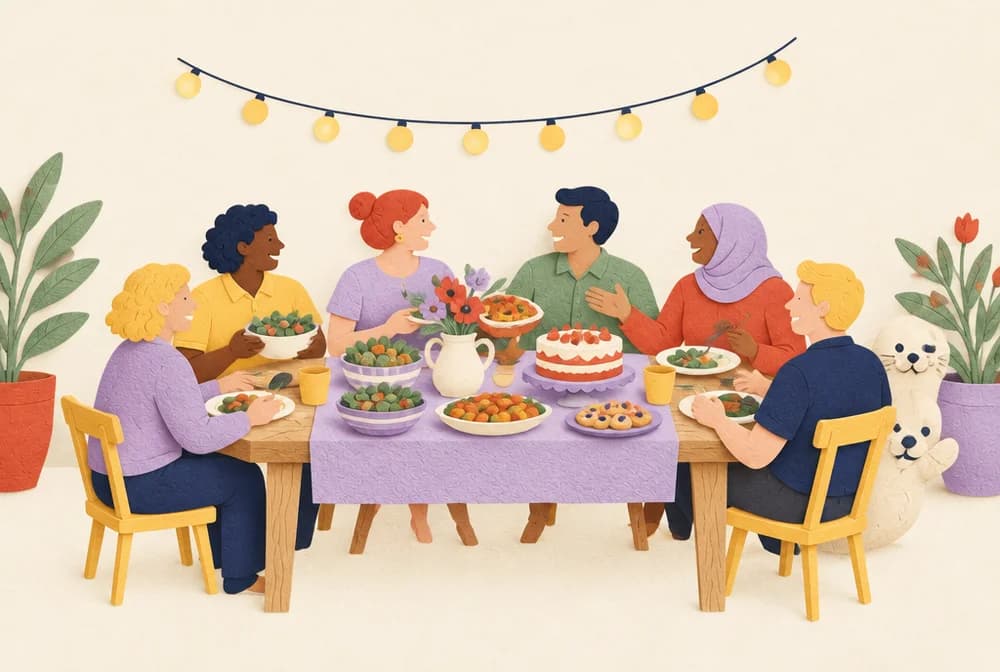 Neighbours sharing a colourful meal under string lights