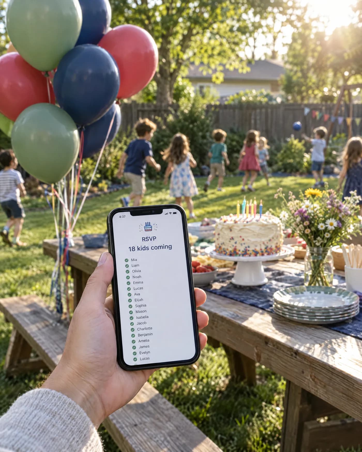 A parent holding a phone that shows 18 kids coming, with children playing behind a backyard table set with a birthday cake