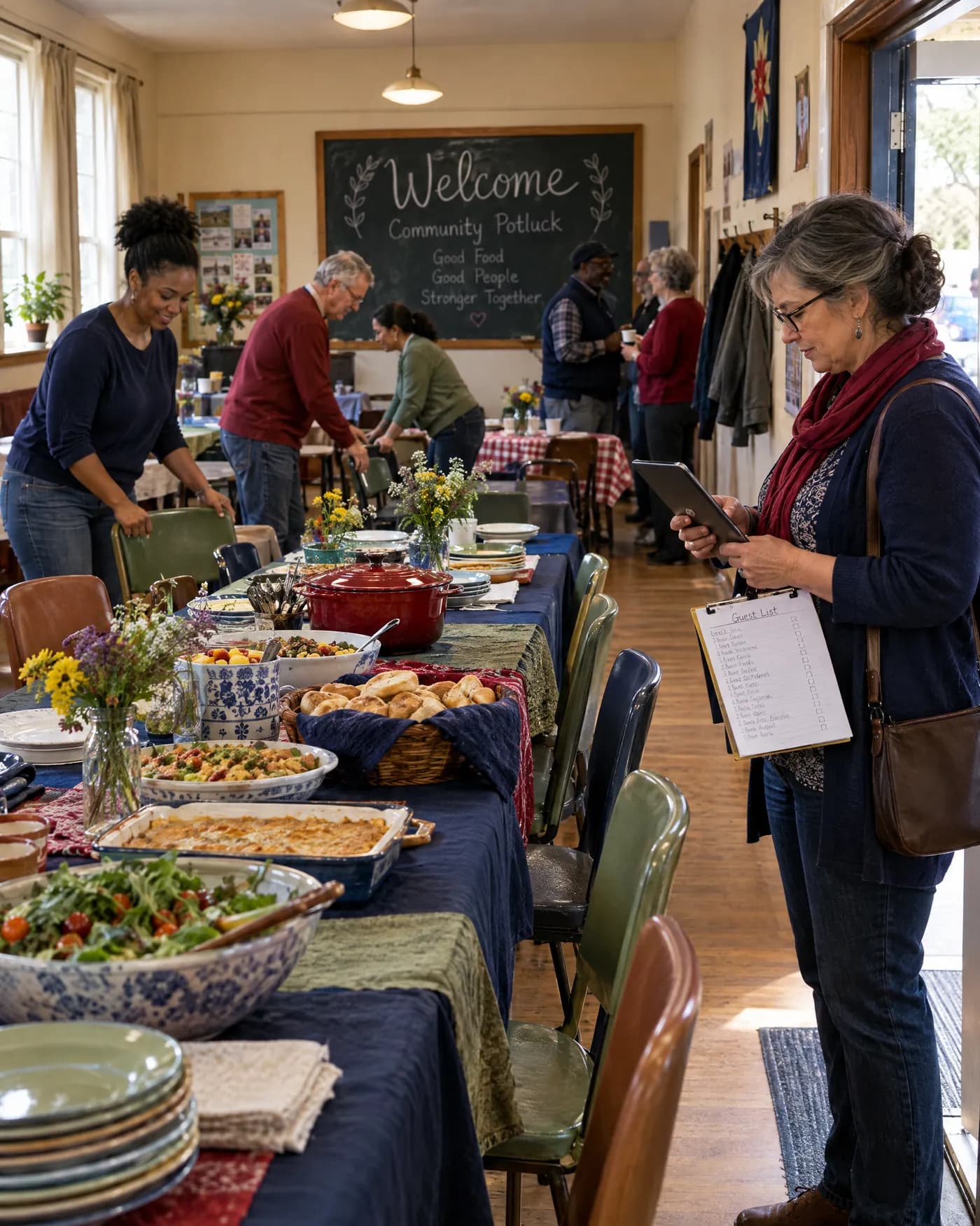 Neighbours setting out dishes at a community potluck while an organizer checks the guest list on a tablet