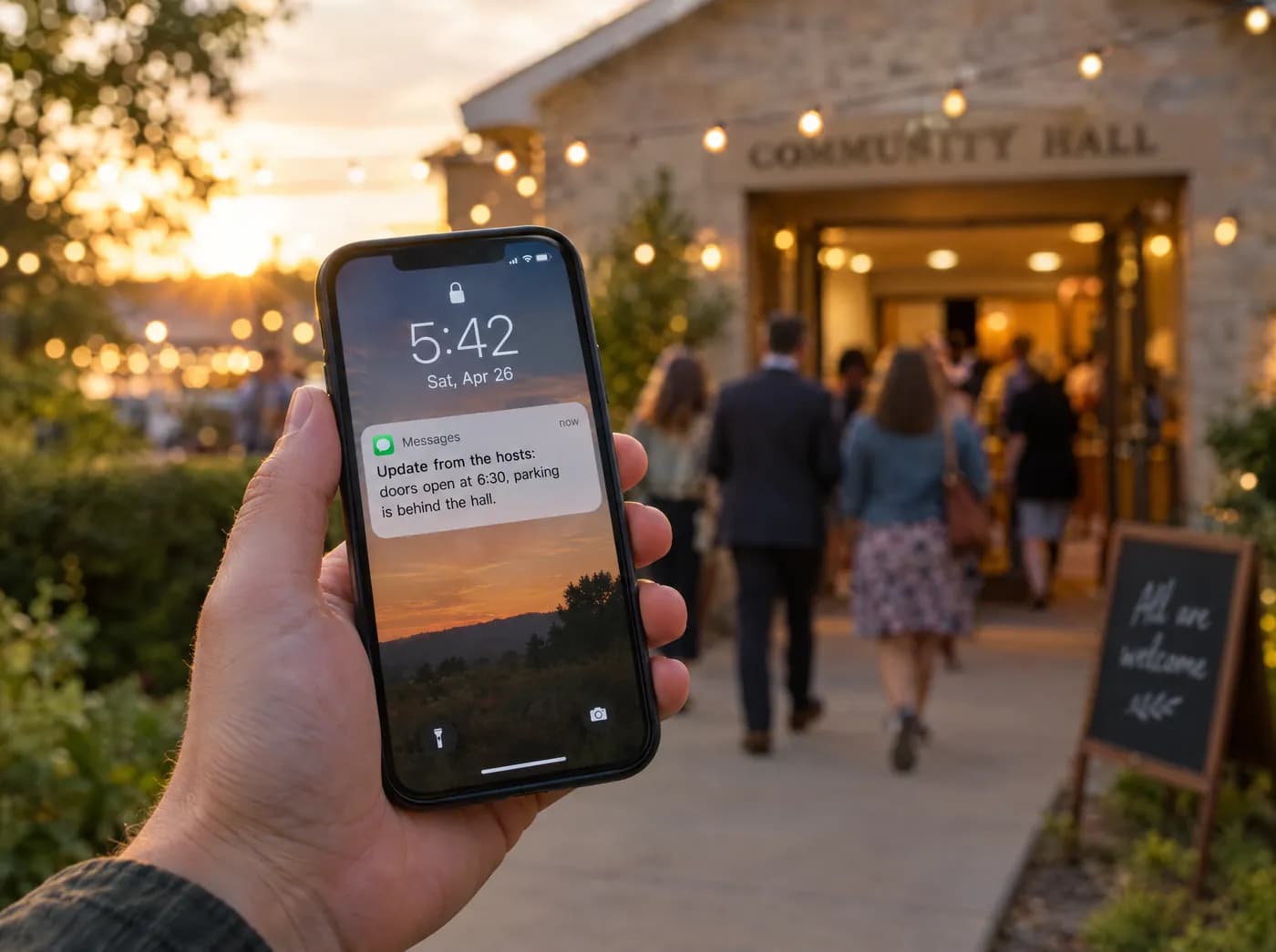 A guest outside a community hall holding a phone with an update from the hosts: doors open at 6:30, parking is behind the hall