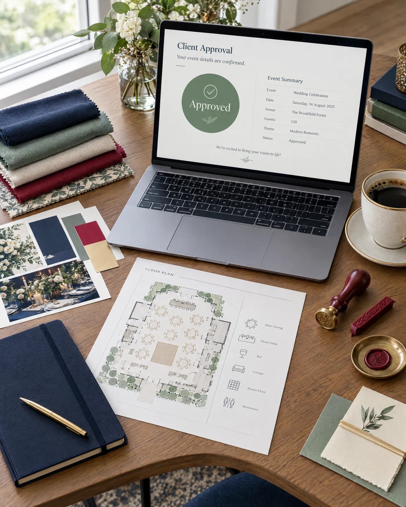A planner's desk with a laptop showing a client approval marked Approved, a floor plan, fabric swatches and a wax seal stamp