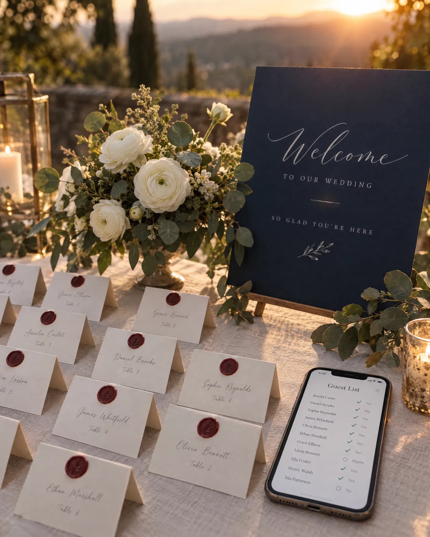 Place cards sealed with red wax beside a navy welcome sign and a phone showing the wedding guest list